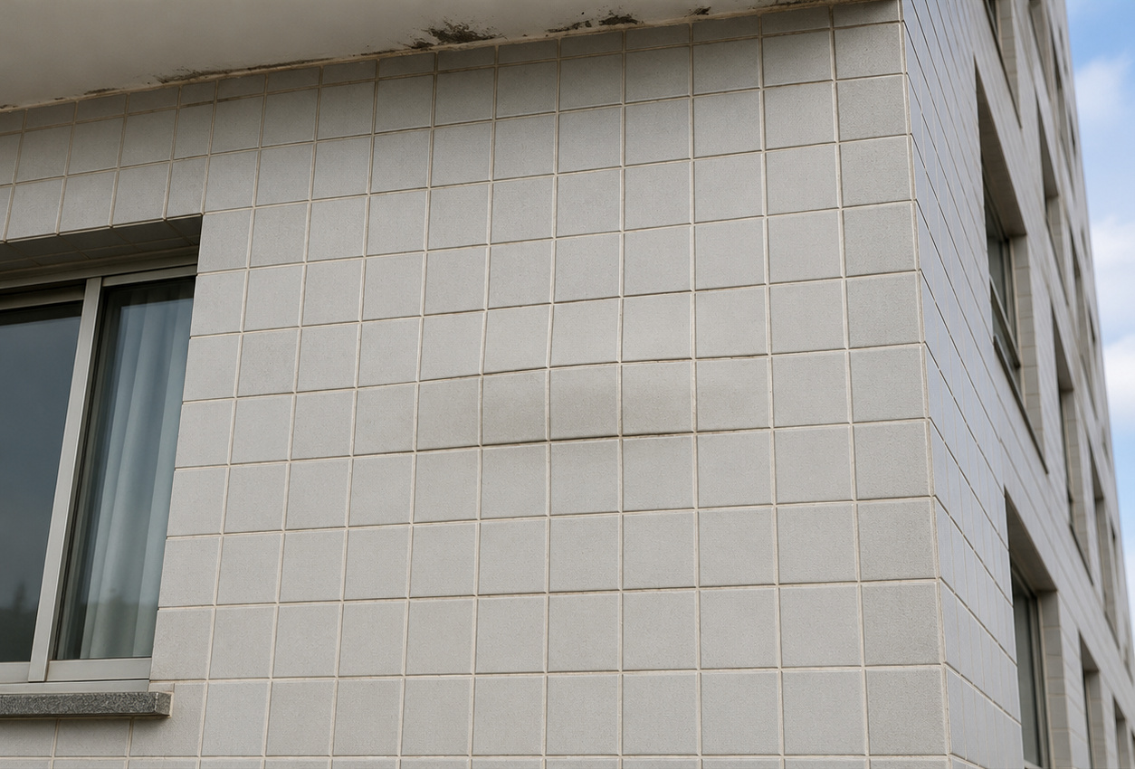 Pastilhas cerâmicas estufadas na fachada de um edifício
